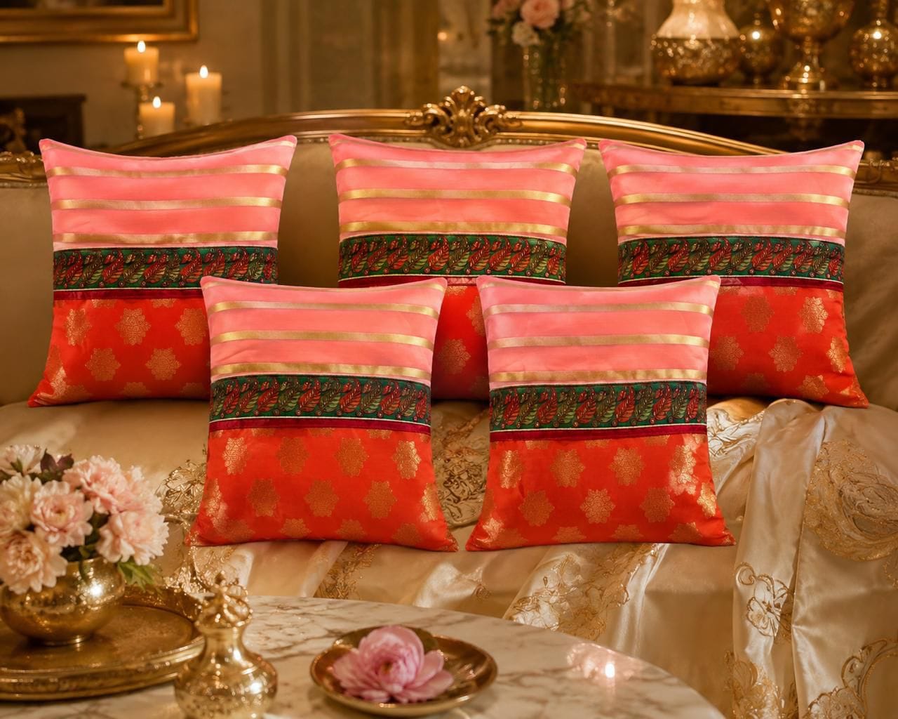 Brocade Cushion Covers — Coral & Gold
