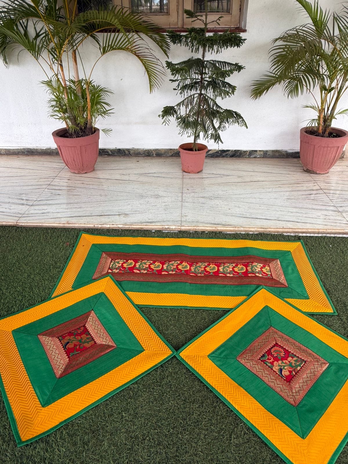Brocade Puja Aasan Set — Green & Marigold