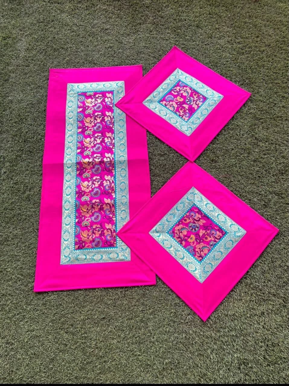 Brocade Puja Aasan Set — Fuchsia & Silver
