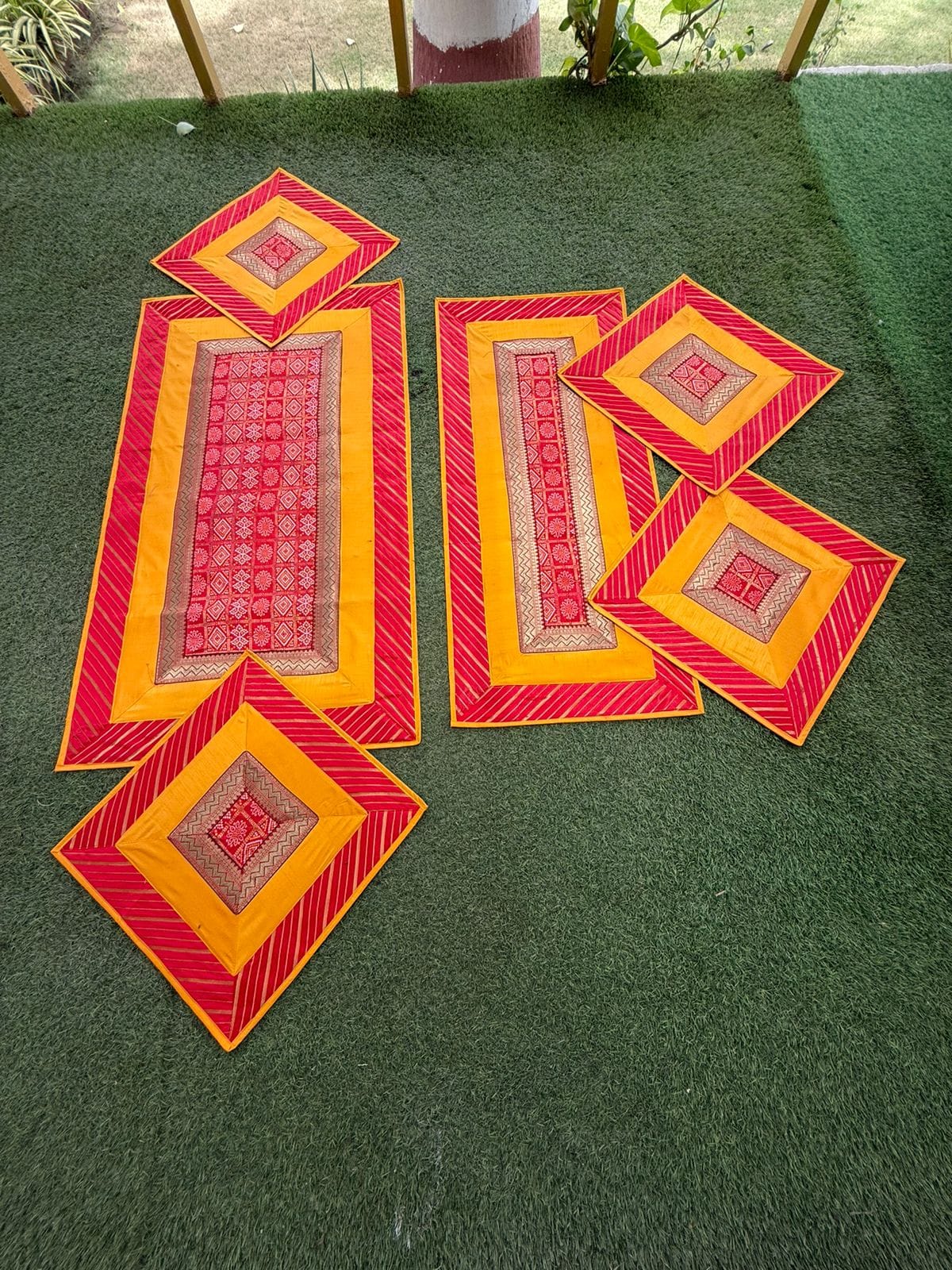Brocade Puja Aasan Set — Red & Orange