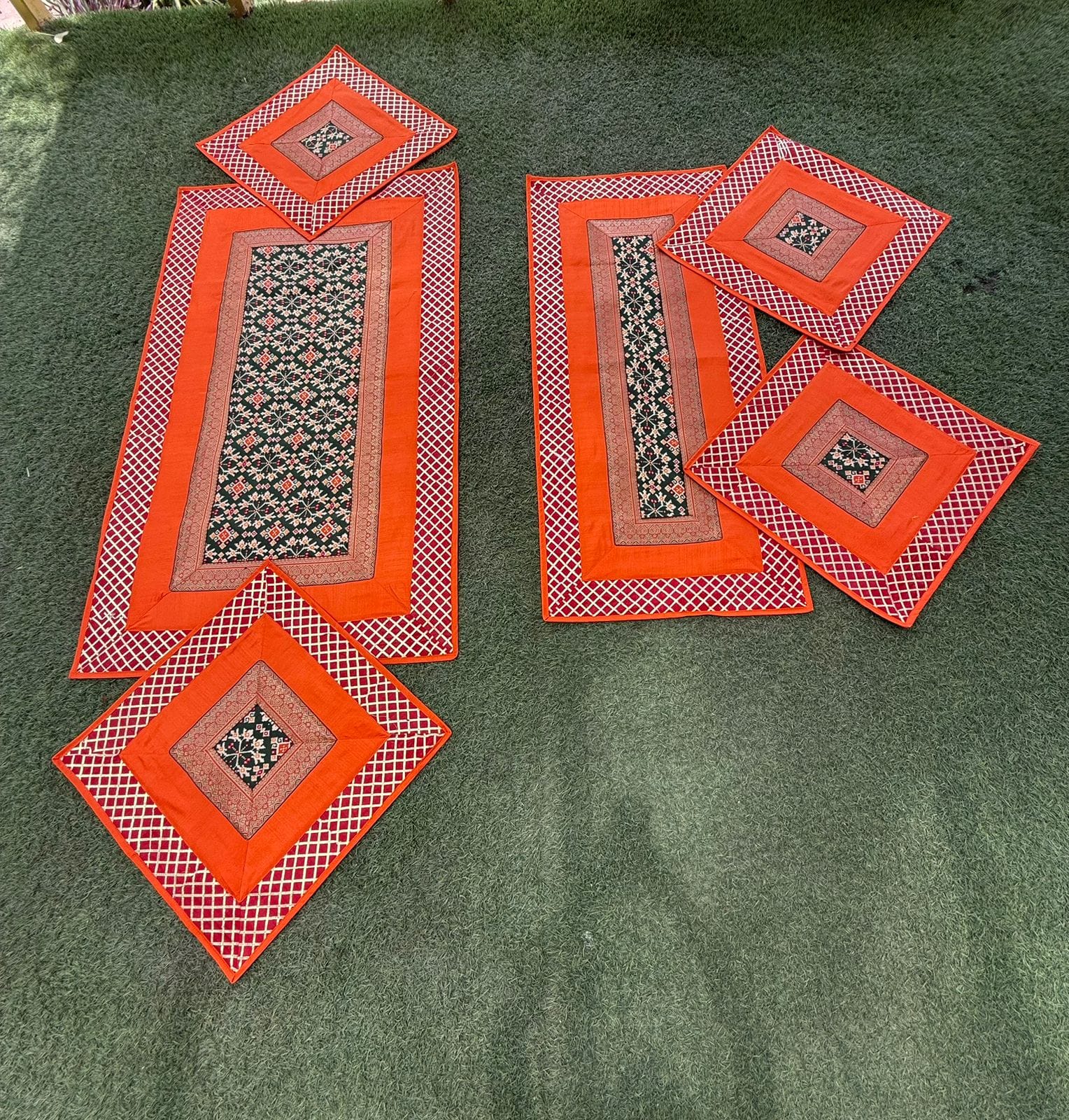 Brocade Puja Aasan Set — Orange & Grey