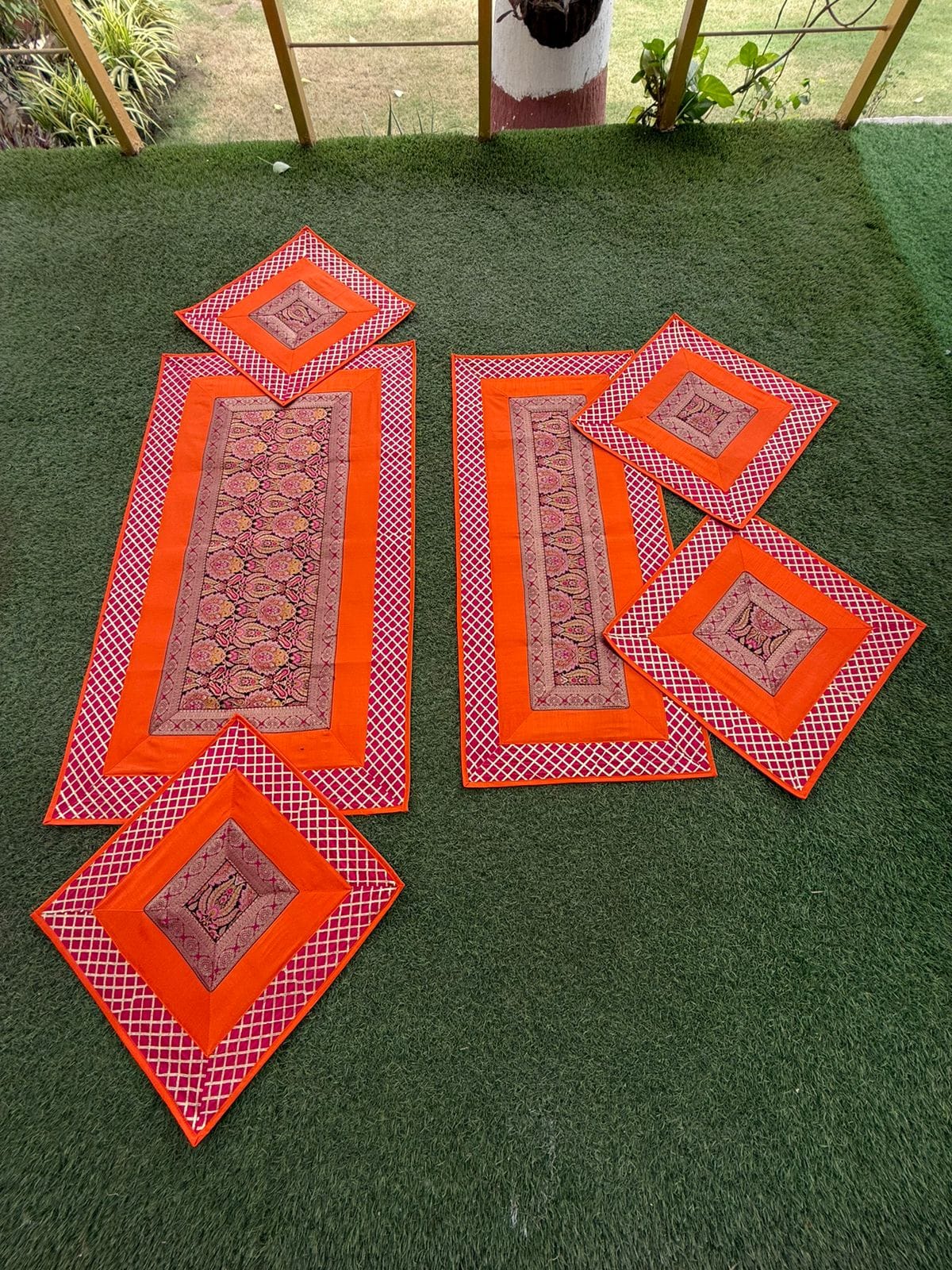Brocade Puja Aasan Set — Coral & Pink