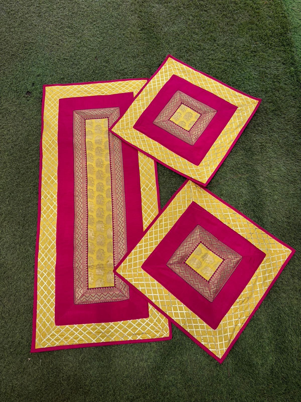 Brocade Puja Aasan Set — Crimson & Gold