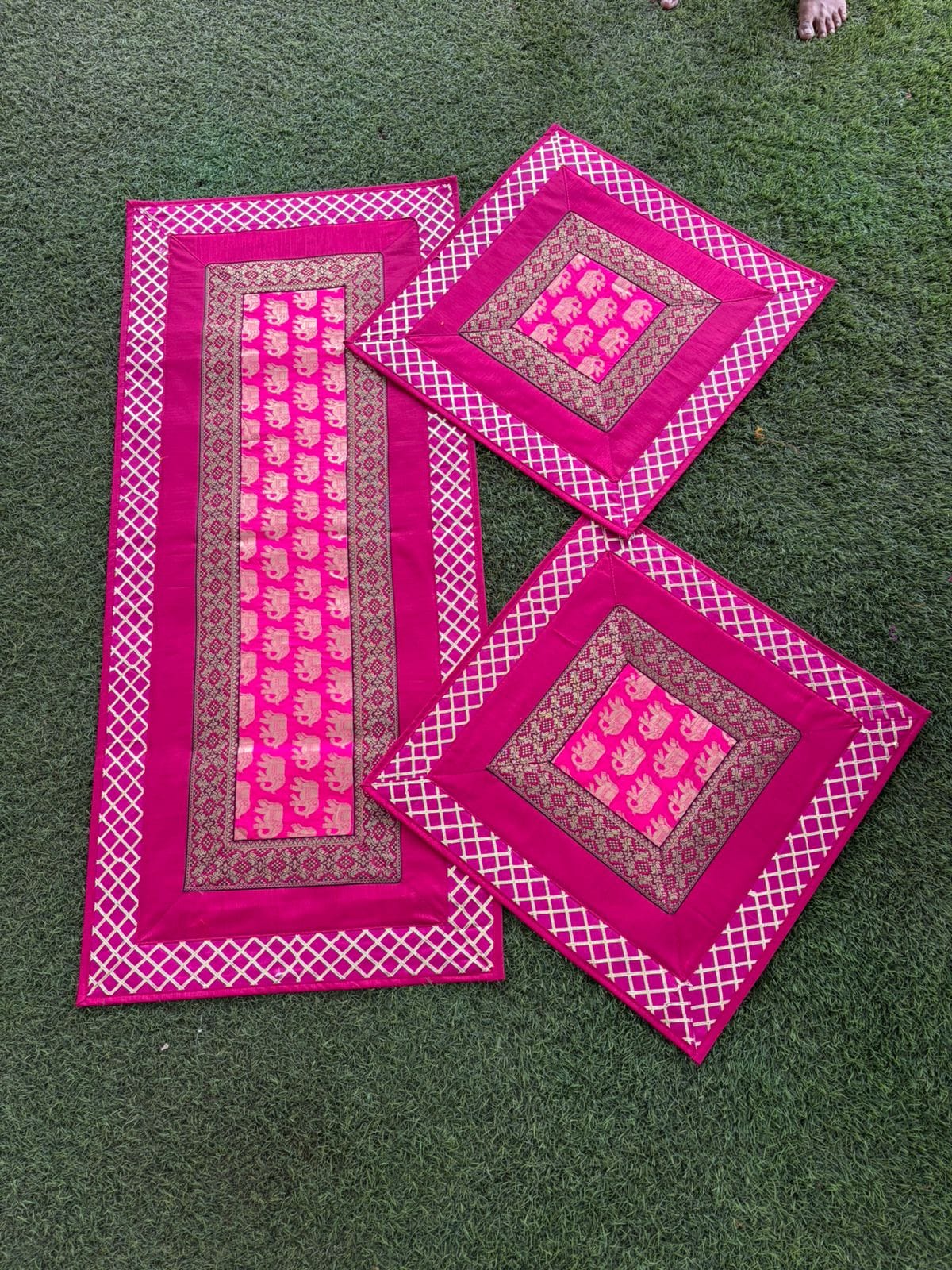 Brocade Puja Aasan Set — Hot Pink & Grey