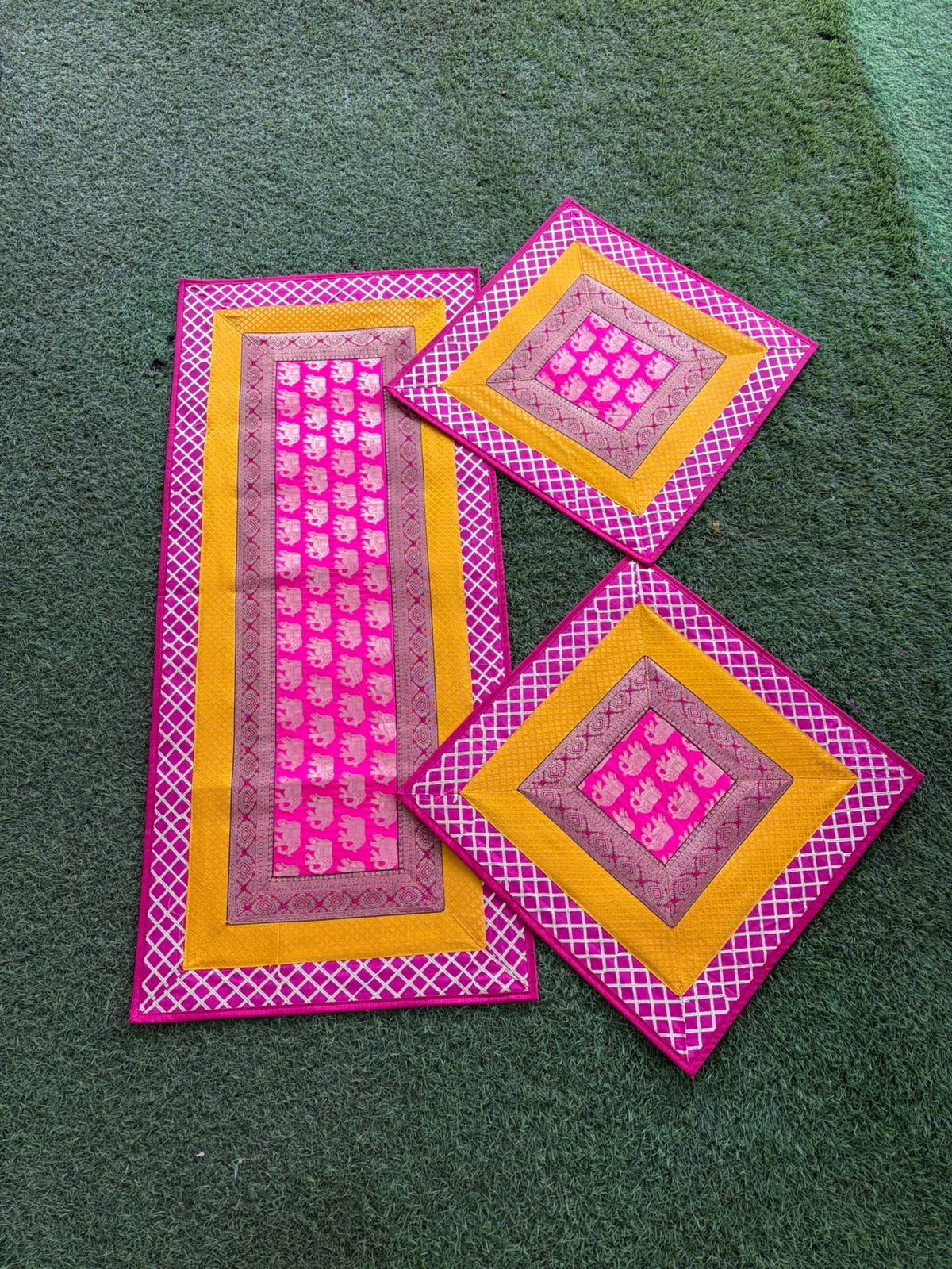 Brocade Puja Aasan Set — Pink & Marigold
