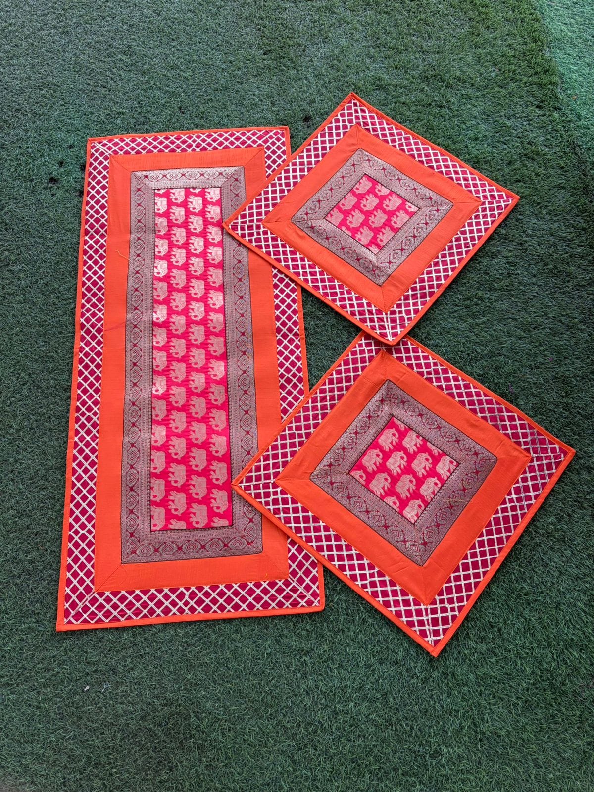 Brocade Puja Aasan Set — Coral & Fuchsia