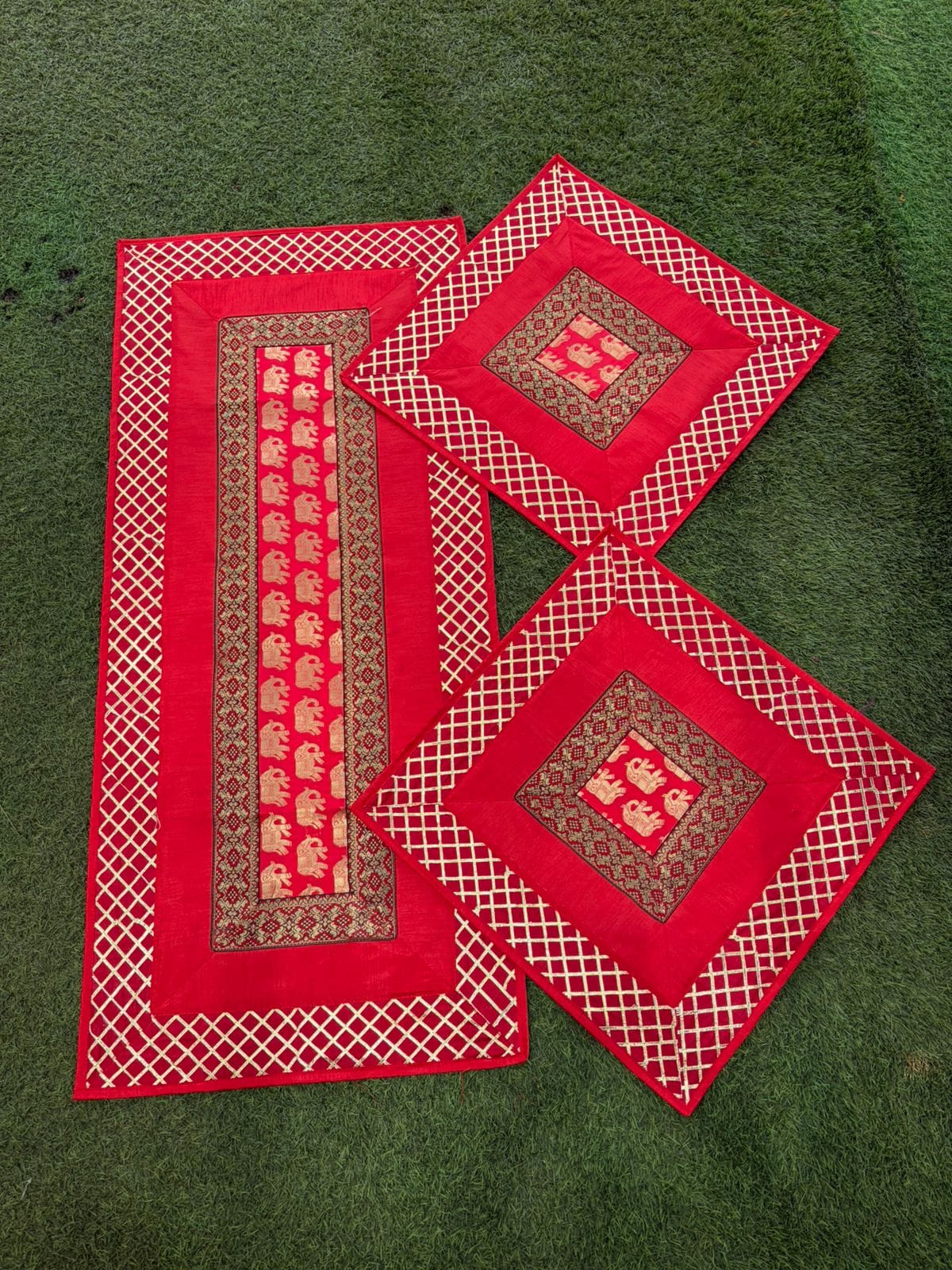 Brocade Puja Aasan Set — Red & Silver