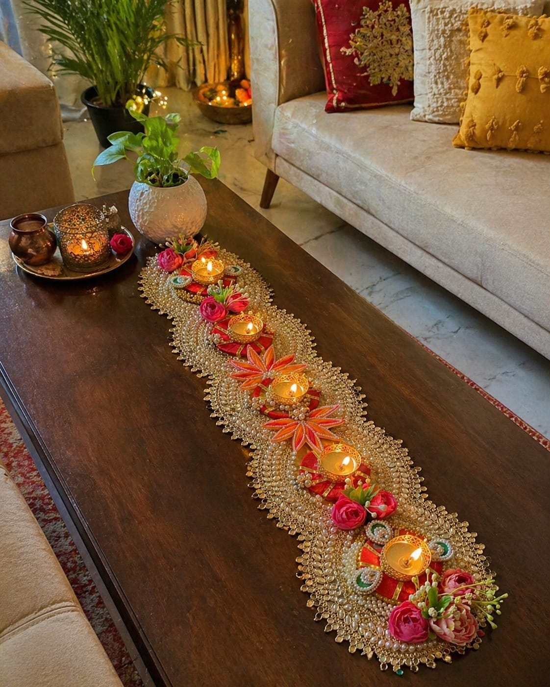 Floral Table Runner — Rose & Gold
