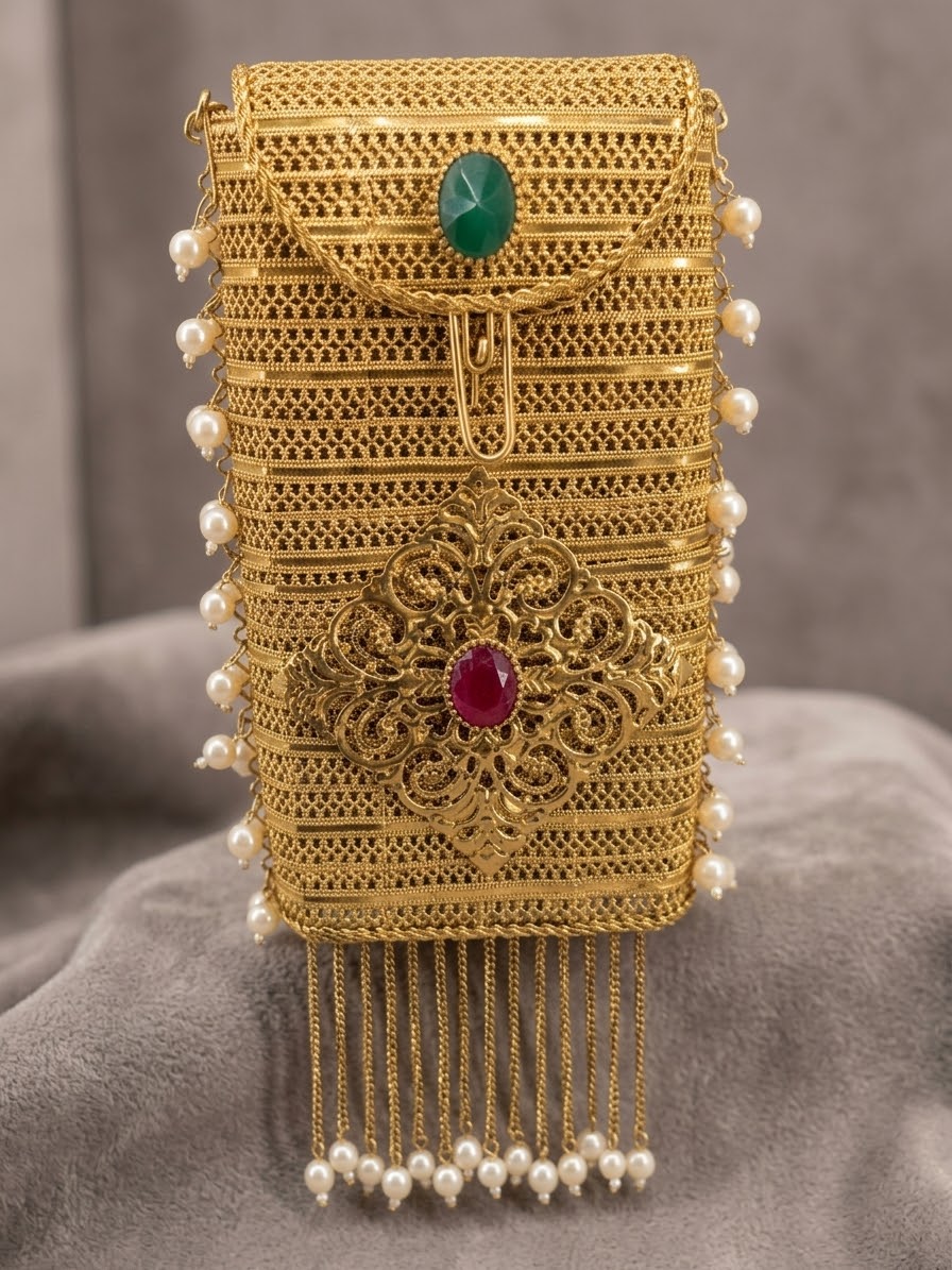 Gold Filigree Phone Clutch — Emerald