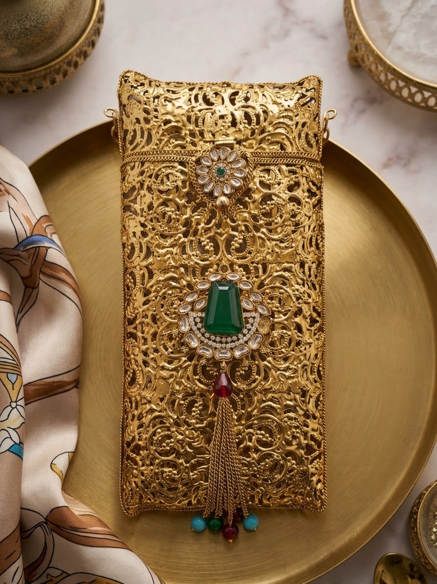 Gold Filigree Phone Clutch — Emerald Drop