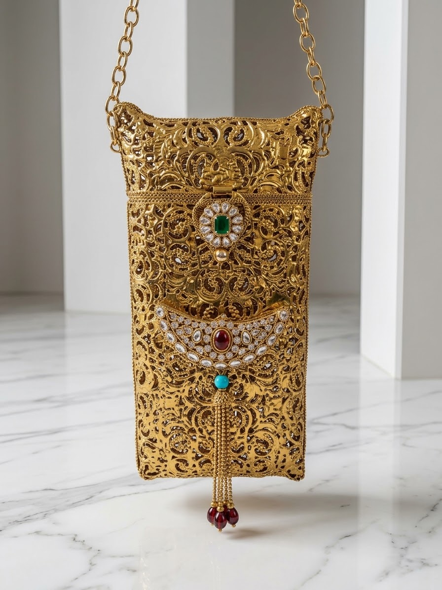 Gold Filigree Phone Sling — Ruby