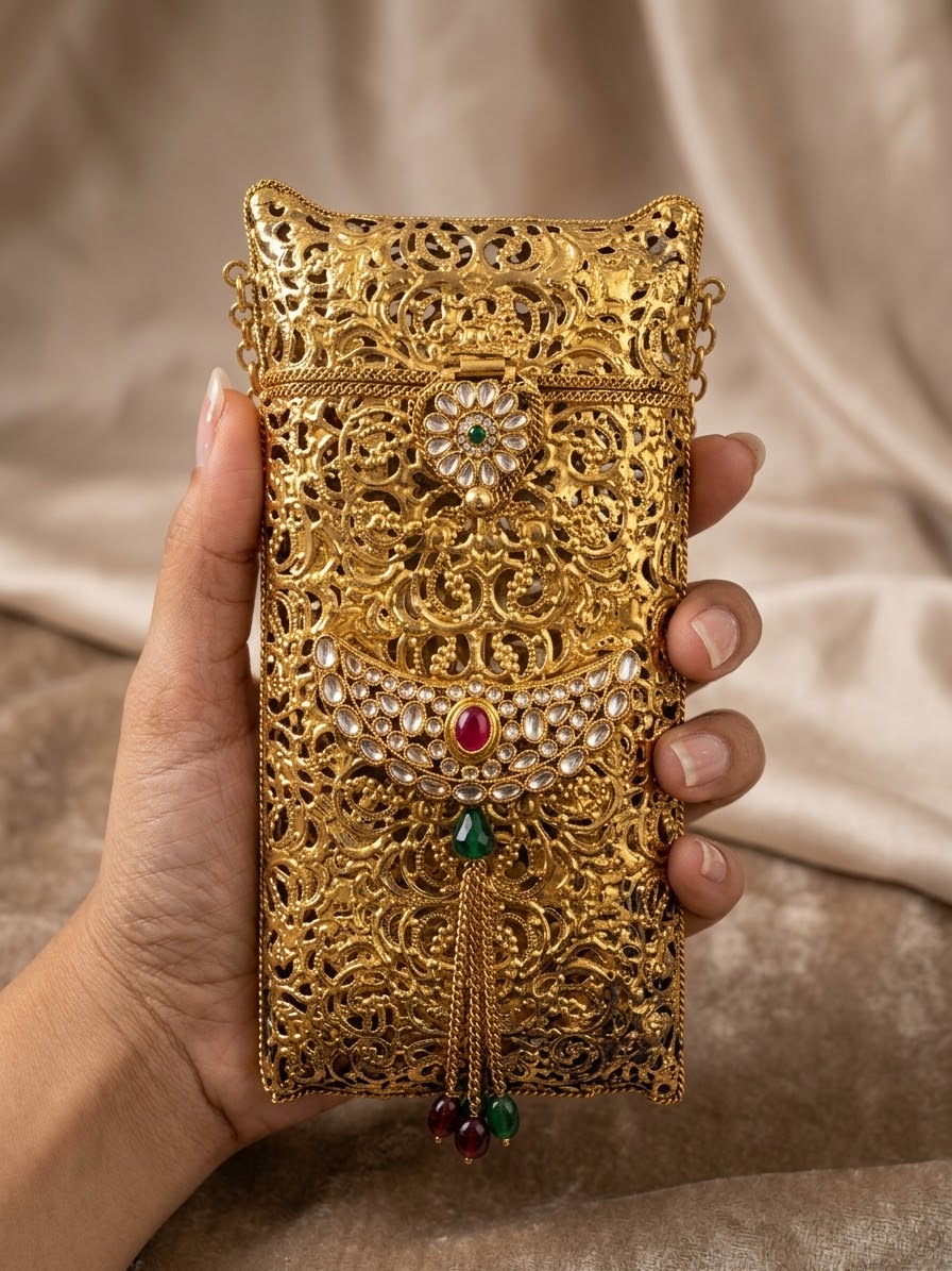 Gold Filigree Phone Clutch — Ruby Drop